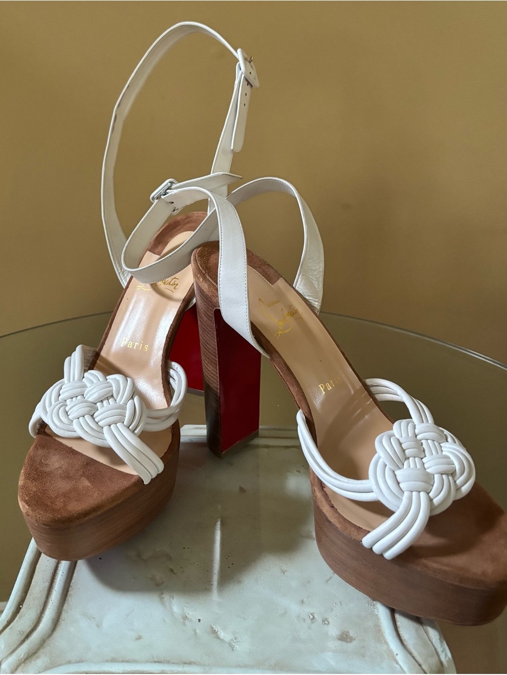 Christian Louboutin White Leather Braided Knot Platform Sandals - EU 40.5/US 10